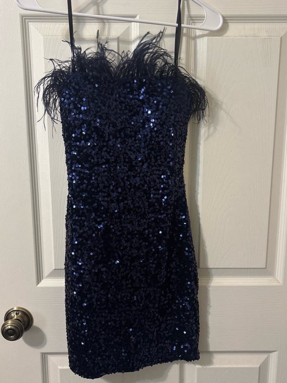 B Darlin Navy Sequin Feather-Trim Mini Dress